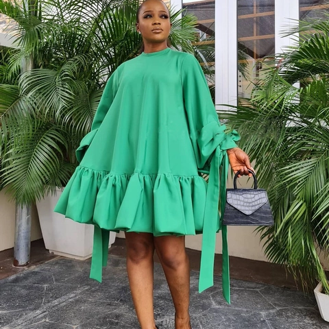 Damen Oversize Puffärmel Rüschen Minikleid Lässig Lose A-Linie Einfarbig Laternenärmel Mit Bändern Elegant Party Kleid