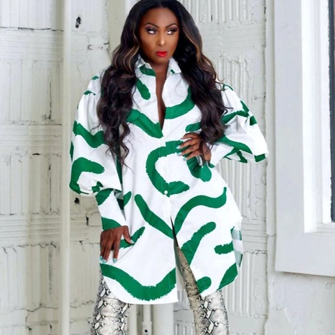 Abito a Camicia da Donna con Stampa Astratta Manica Lunga Bavero Manica a Sbuffo Abito Midi Largo per Vacanze Quotidiane Elegante Streetwear