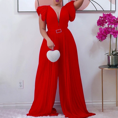 Women Polyester Deep V Neck Pleated Wide Leg Jumpsuit Elegant Mesh Stitching Belted Solid Color One Piece Jumpsuit