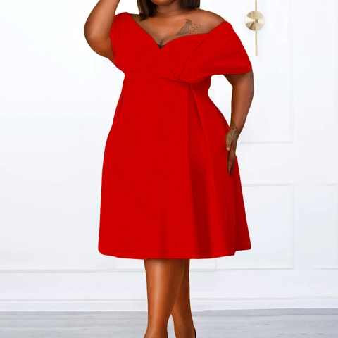Abito Midi da Donna Taglie Forti Spalle Scoperte Scollo a V Elegante Tinta Unita a Trapezio Cintura da Annodare