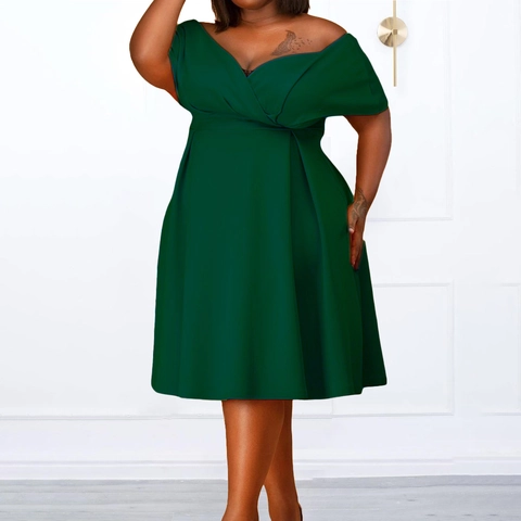 Abito Midi da Donna Taglie Forti Spalle Scoperte Scollo a V Elegante Tinta Unita a Trapezio Cintura da Annodare