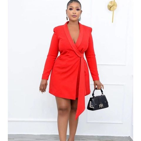 Elegant Women Blazer Wrap Dress V Neck Long Sleeve Office Commute Slim Tie Waist Solid Color Polyester Mini Dress