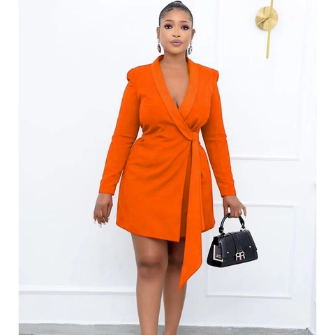 Elegant Women Blazer Wrap Dress V Neck Long Sleeve Office Commute Slim Tie Waist Solid Color Polyester Mini Dress