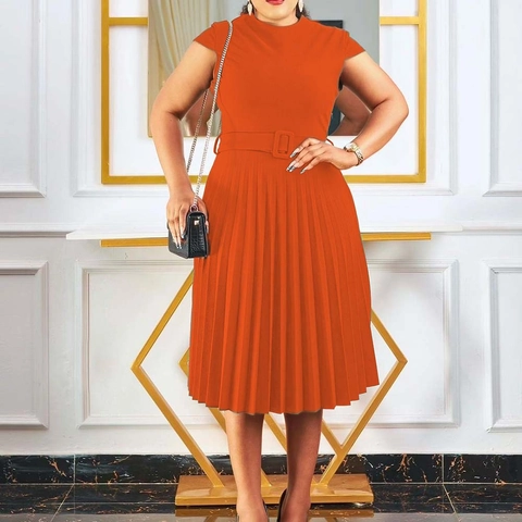 Vestido Midi Plisado de Manga Corta Elegante para Mujer Con Cinturón Color Sólido Cuello Redondo Cintura Alta Oficina Poliéster