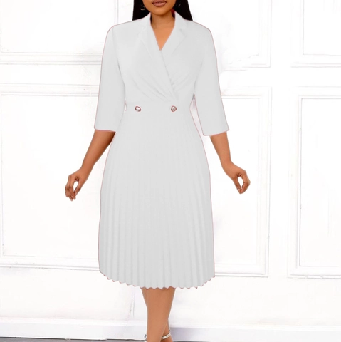 Vestido Midi Plisado Elegante para Mujer con Cuello Sastre y Escote en V Manga Tres Cuartos Color Sólido Cintura Alta Corte en A