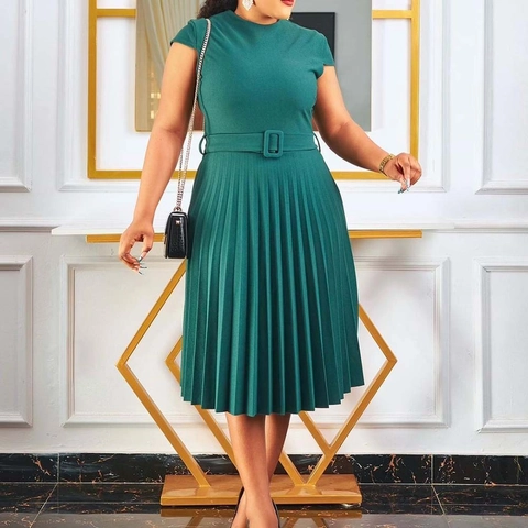Vestido Midi Plisado de Manga Corta Elegante para Mujer Con Cinturón Color Sólido Cuello Redondo Cintura Alta Oficina Poliéster
