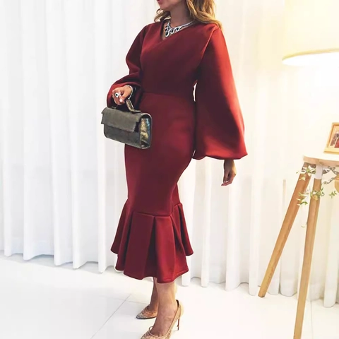 Eleganter Damen V-Ausschnitt Langarm Puffärmel Meerjungfrau Midi Kleid Sexy Slim Fit Bodycon Abend Party Kleid