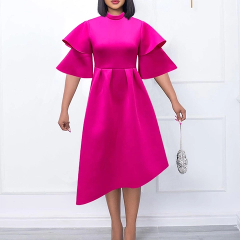 Elegant Solid Color Polyester Spandex Dress Women Semi-High Collar Double Ruffle Sleeve Asymmetrical Hem Midi Dress For Banquet Party