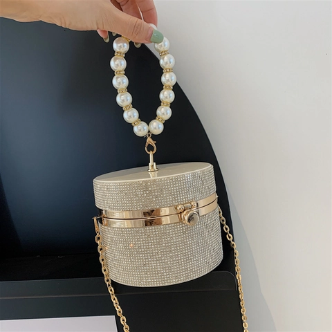 Damen Strass Abendtasche Runde Eimer Box Clutch Mit Künstliche Perlengriff Metall Kette Riemen Für Hochzeit Party Bankett