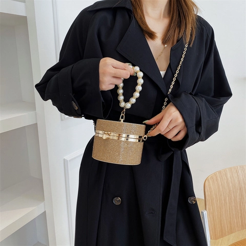 Damen Strass Abendtasche Runde Eimer Box Clutch Mit Künstliche Perlengriff Metall Kette Riemen Für Hochzeit Party Bankett