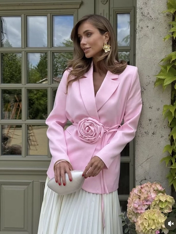 Women Blazer Suit Jacket Rose Flower Belted Waist Long Sleeve Lapel Polyester Office Street Fashion