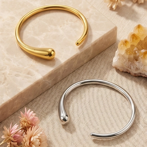 Minimalist 18K Gold Plated Titanium Steel Open Cuff Bangle Waterdrop Ends Mirror Polished Elegant Bracelet