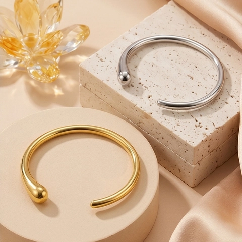 Minimalist 18K Gold Plated Titanium Steel Open Cuff Bangle Waterdrop Ends Mirror Polished Elegant Bracelet
