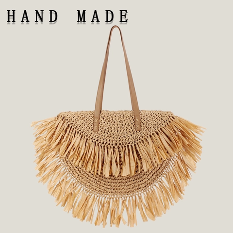 Woven Schultertasche Papier Stroh Strandtasche Mit Fransen Quasten Boho Sommer Urlaub Große Handtasche Muschelform Damen