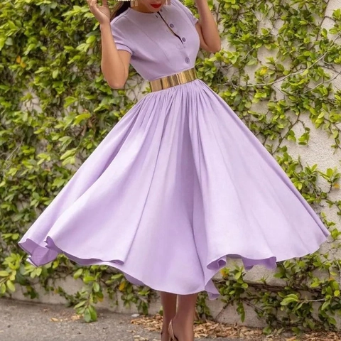 Women Vintage Elegant Short Sleeve Midi Dress With Metal Belt Round Neck Button Front Solid Color A-Line Swing Dress