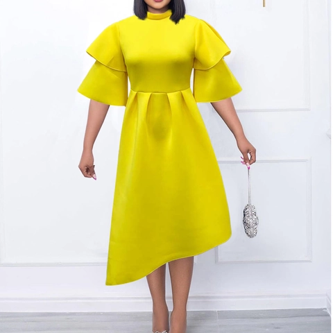 Elegant Solid Color Polyester Spandex Dress Women Semi-High Collar Double Ruffle Sleeve Asymmetrical Hem Midi Dress For Banquet Party