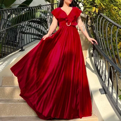 Women V Neck Pleated Maxi Dress With Belt Ruffled Short Sleeve Solid Color Elegant Formal Party Evening Gown Long Dress