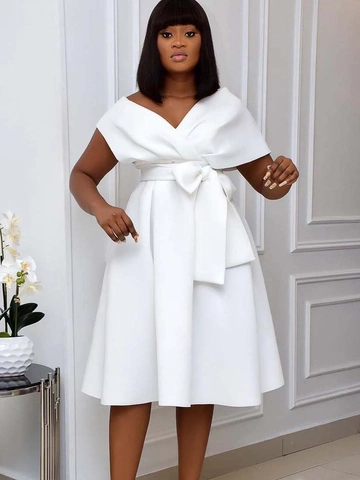 Women Elegant V-Neck Short Sleeve A-Line Midi Dress With Large Bow Belt Solid Color Formal Evening Party Skater Dress