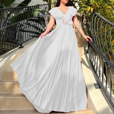 Women V Neck Pleated Maxi Dress With Belt Ruffled Short Sleeve Solid Color Elegant Formal Party Evening Gown Long Dress