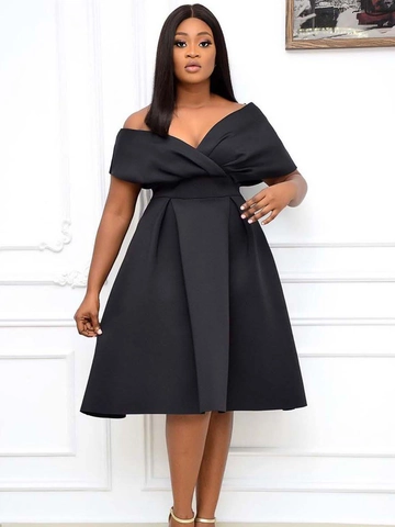 Women Elegant V-Neck Short Sleeve A-Line Midi Dress With Large Bow Belt Solid Color Formal Evening Party Skater Dress
