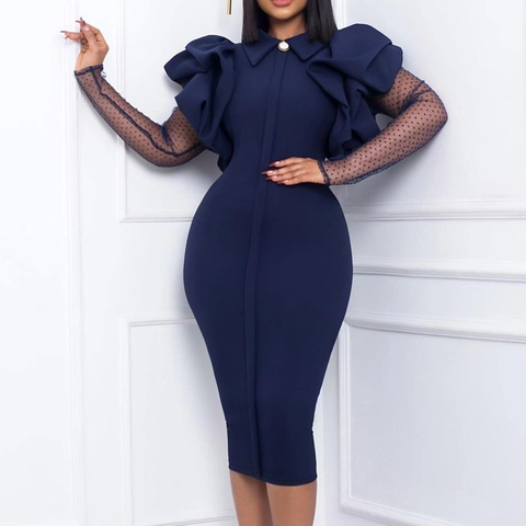 Γυναικείο Κομψό Bodycon Midi Φόρεμα Patchwork Πουά Πλέγμα Μακρύ Μανίκι Βολάν Ώμου Γραφείο Μετακίνηση Πάρτι Φόρεμα Μολύβι