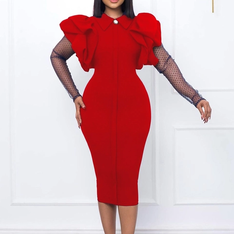 Γυναικείο Κομψό Bodycon Midi Φόρεμα Patchwork Πουά Πλέγμα Μακρύ Μανίκι Βολάν Ώμου Γραφείο Μετακίνηση Πάρτι Φόρεμα Μολύβι