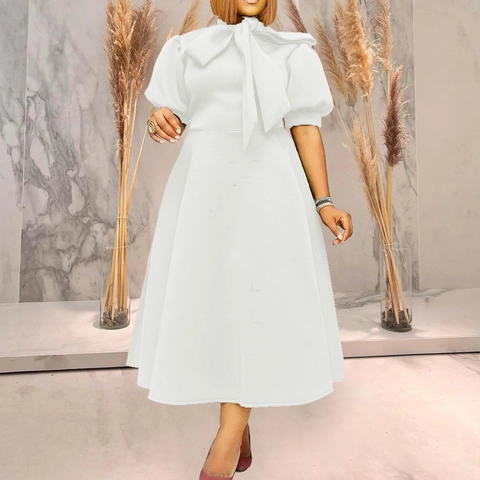 Women Elegant Plus Size Midi Dress Puff Sleeve Bow Tie Neck A-Line Solid Color Short Sleeve Party Banquet Cocktail Dress