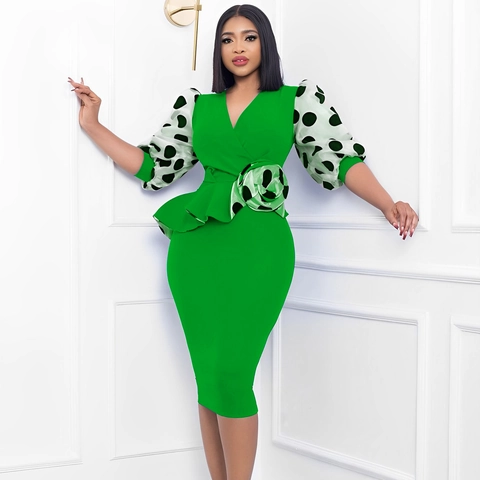 Damen Elegant V-Ausschnitt Punktmuster Puffärmel Schlank Midi Kleid Mit 3D Blume Schößchen Formelle Party Bankett Kleid