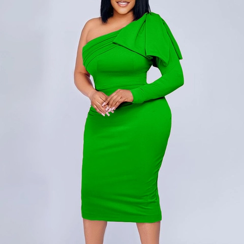 Dames Eén Schouder Lange Mouw Bodycon Midi Jurk Elegant Geplooid Ruches Asymmetrisch Party Avondjurk