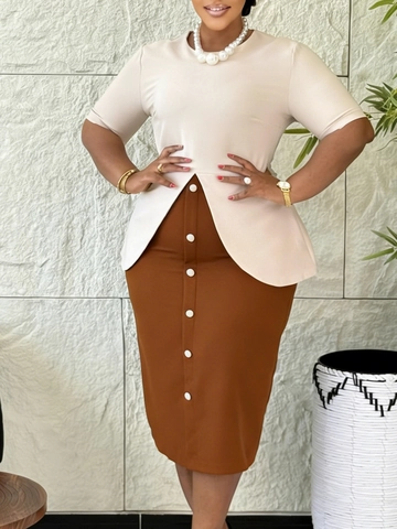 Elegant Patchwork Schootje Kokerjurk Ronde Hals Halve Mouw Midi Jurk Met Knoppen Voor Dames OL Woon-werkverkeer Feest