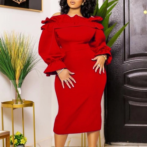 Abito Elegante da Donna con Spalle Scoperte e Volant Maniche Lunghe a Lanterna Bodycon Midi a Matita per Festa