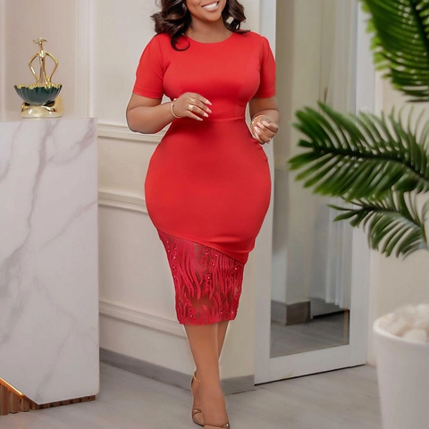 Κομψό Γυναικείο Bodycon Midi Φόρεμα Κοντό Μανίκι Στρογγυλή Λαιμόκοψη Patchwork Δαντέλα Πούλιες Χάντρες Πάρτι Βραδινό