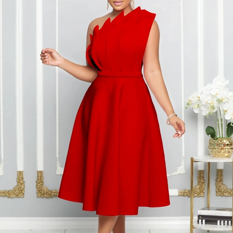 Damen Sexy One Shoulder Falten Kleid Mit Hoher Taille Elegant Asymmetrisch Polyester Spandex Midi A-Linie Partykleid