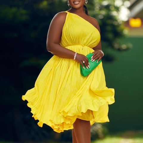 Women One Shoulder Pleated Midi Dress Elegant Sexy A-Line Solid Color Belted Party Evening Wedding Summer Sun Dress