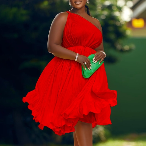 Women One Shoulder Pleated Midi Dress Elegant Sexy A-Line Solid Color Belted Party Evening Wedding Summer Sun Dress