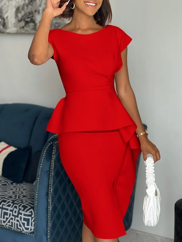 Elegant Peplum Midi Dress Women Round Neck Short Sleeve High Waist Slim Fit Split Hem Bodycon Work Solid Color Party Gown