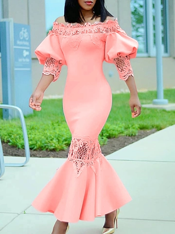 Women Off-Shoulder Mermaid Dress Elegant Lace Patchwork Puff Sleeve Party Evening Dress For Slim Fit Cocktail Gown