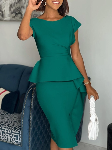 Elegant Peplum Midi Dress Women Round Neck Short Sleeve High Waist Slim Fit Split Hem Bodycon Work Solid Color Party Gown