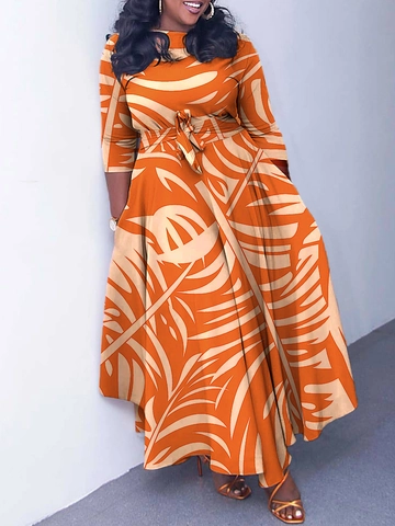 Damen Elegant Dreiviertelarm Midi Kleid Abstrakt Tropisch Druck Hohe Taille A-Linie Kleid Mit Gürtel Große Größen Urlaub