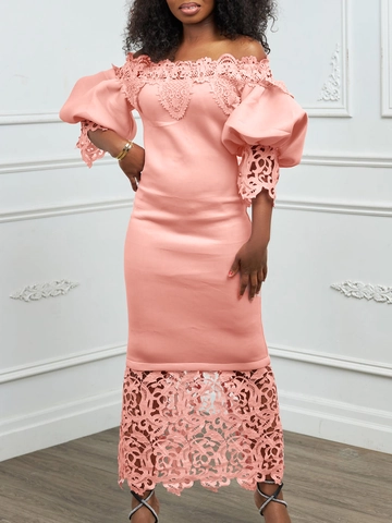 Elegantes Off-The-Shoulder Spitzen-Patchwork Midi-Kleid Für Damen Laternenärmel Bodycon Bankett Party Hochzeit Brautjungfernkleid