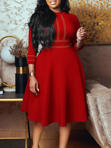 Elegant African Plus Size Women's Midi Dress Solid Color Round Neck Large Swing Party Dress With Gold Topstitching Decoration