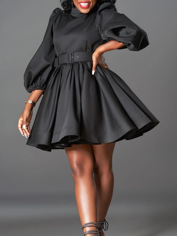 Abito Mini da Donna Elegante con Maniche a Sbuffo Collo Alto Manica a Lanterna Linea A con Cintura Tinta Unita Festa