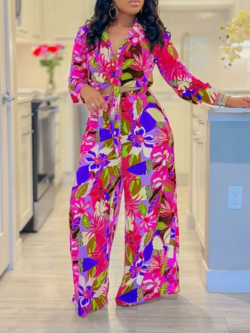 Damen Tropisch Floral Bedruckt Zwei-Teile Outfit Revers Langarm Bindeshirt Und Hohe Taille Weites Bein Hose Urlaub Streetwear