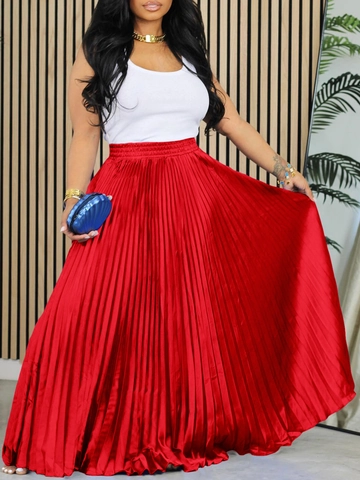 Women High Waist Pleated Maxi Skirt Satin Metallic Large Swing A-Line Elegant Party Casual Long Skirt For Ladies