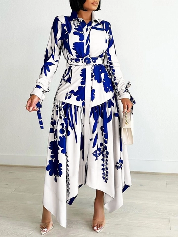 Vestido Camisero Elegante con Estampado Floral Botánico para Mujer Manga Larga Solapa Dobladillo Irregular con Cinturón de Strass