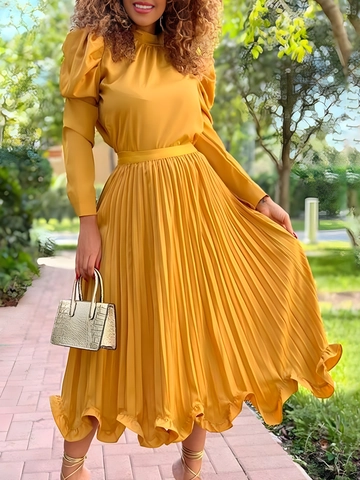 Conjunto de Dos Piezas Elegante de Satén para Mujer Top con Mangas Abullonadas y Falda Midi Plisada Color Sólido Cuello Alto Dobladillo con Volantes