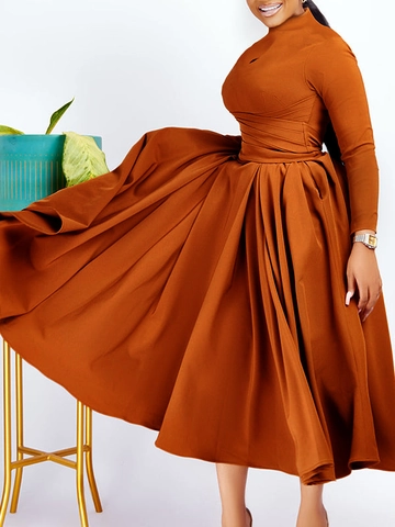 Abito Maxi Donna Elegante Collo Lupetto Manica Lunga Keyhole Vita Arricciata Ampia Svasatura Plus Size Tinta Unita Festa Sera
