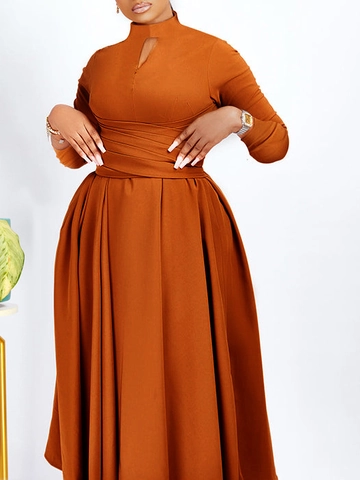 Abito Maxi Donna Elegante Collo Lupetto Manica Lunga Keyhole Vita Arricciata Ampia Svasatura Plus Size Tinta Unita Festa Sera