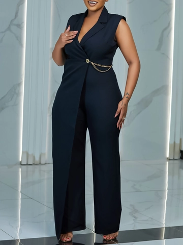 Women's Elegant Sleeveless Lapel V Neck Jumpsuit Solid Color High Waist Jumpsuit With Golden Metal Chain Decoration