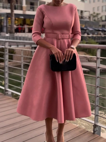 Damen Elegant Dreiviertelarm A-Linie Mittellang Kleid Mit Gürtel Einfarbig Vintage Bankett Party Brautjungfernkleid Hohe Taille